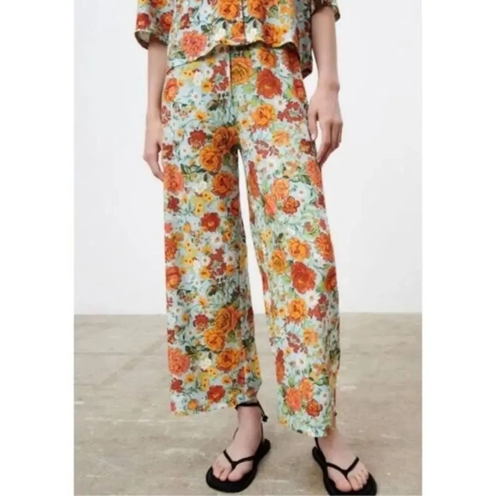 ZARA Women's Small Floral Print‎ Wide-Leg Pants Multicolor Casual Elastic Waist
